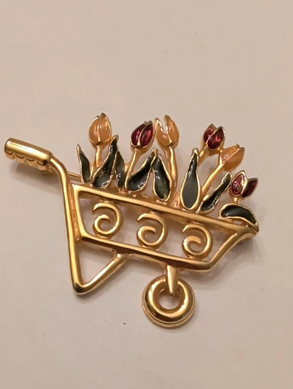 Gold-Tone Wheelbarrow Floral Brooch with Pink & Green Enamel